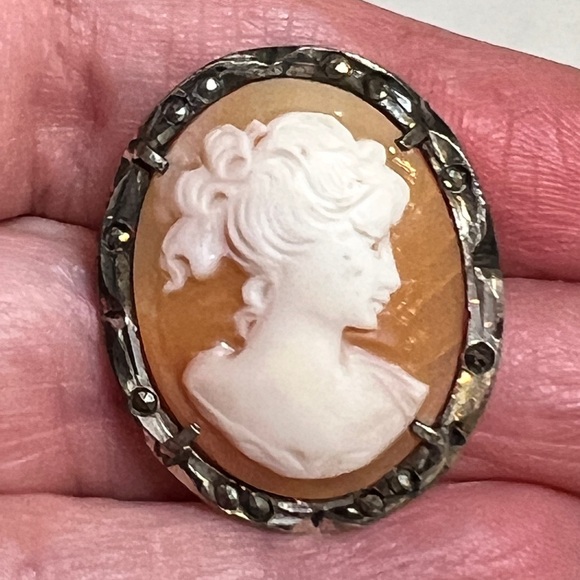 Antique Cameo Pendant/Brooch Combo 800 silver Marcasite Carved Shell Oval - Picture 2 of 6